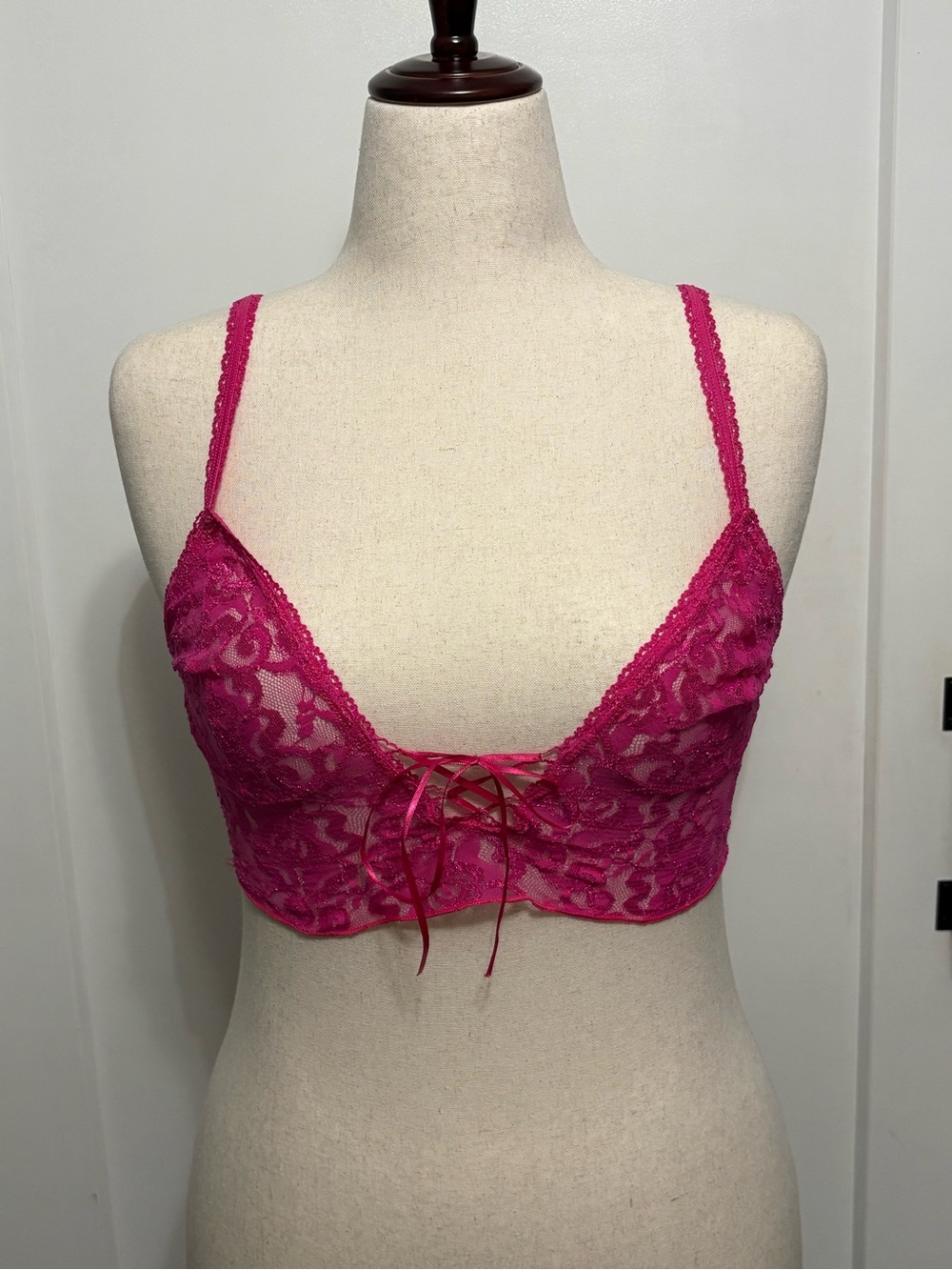 Vtg Moda International Victorias Secret Lace Up Hot Pink Lace Bralette Small